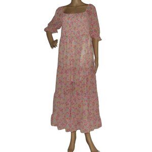 R.Yiposha Midi Dress XL (16-18) long pink turquoise yellow Milkmaid tiered squar
